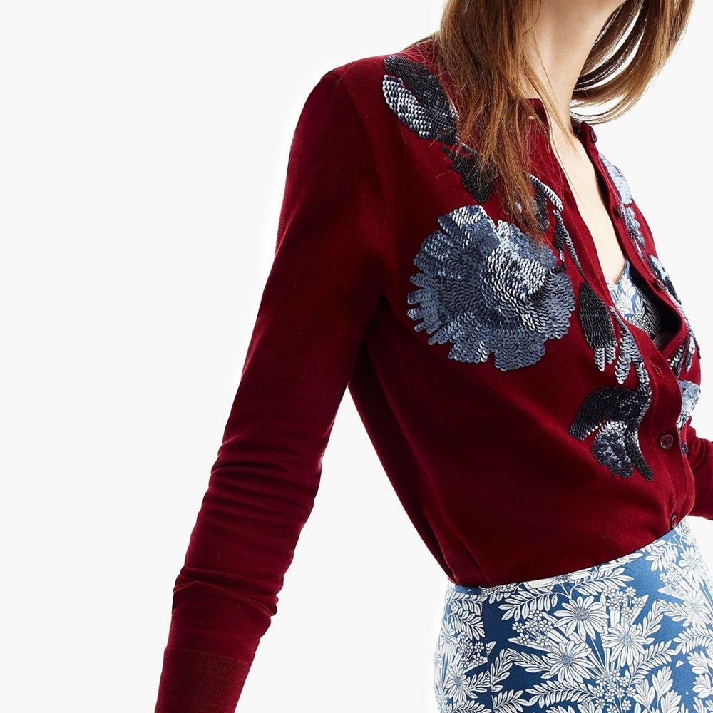 J. Crew Burgundy Cardigan with Metallic Sequin Floral Detail - Picture 3 of 7